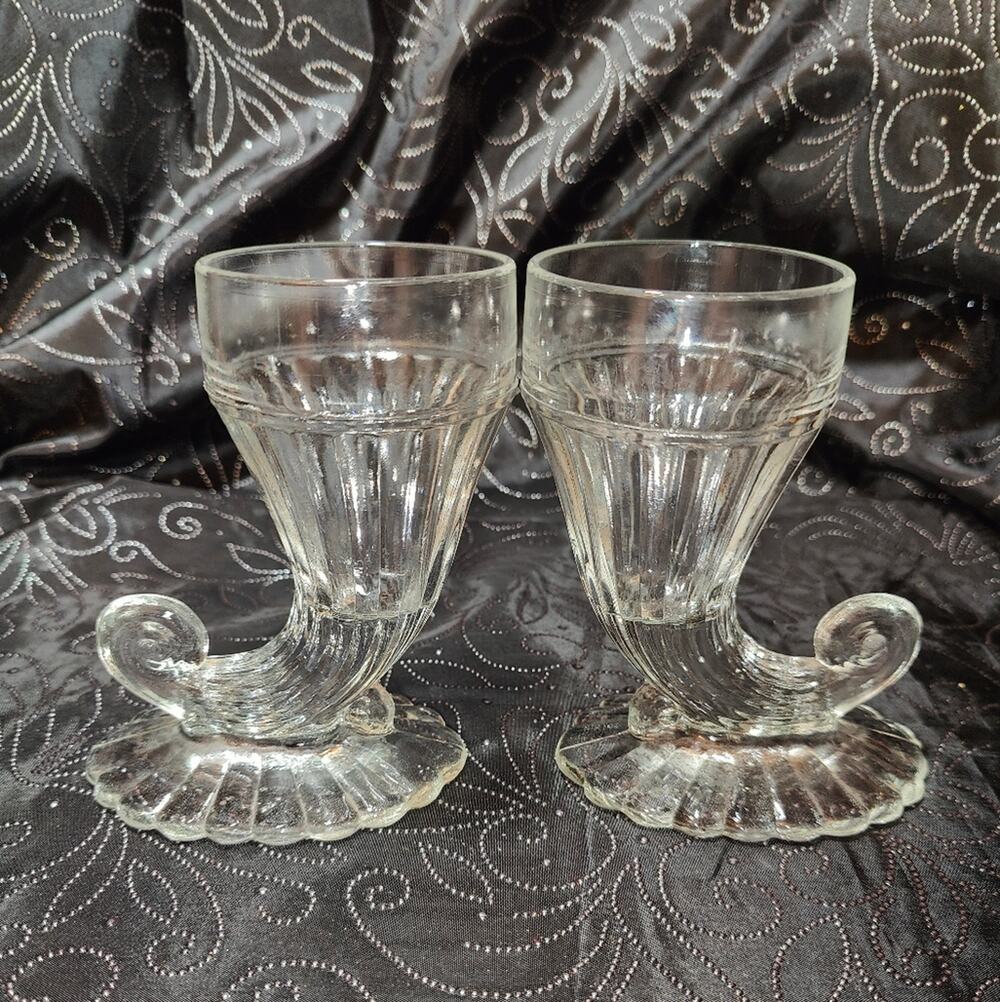 🍁🍂🌰🦃Jeanette Horn of Plenty Bud Vases Glass Set of 2 Fall Thanksgiving Decor